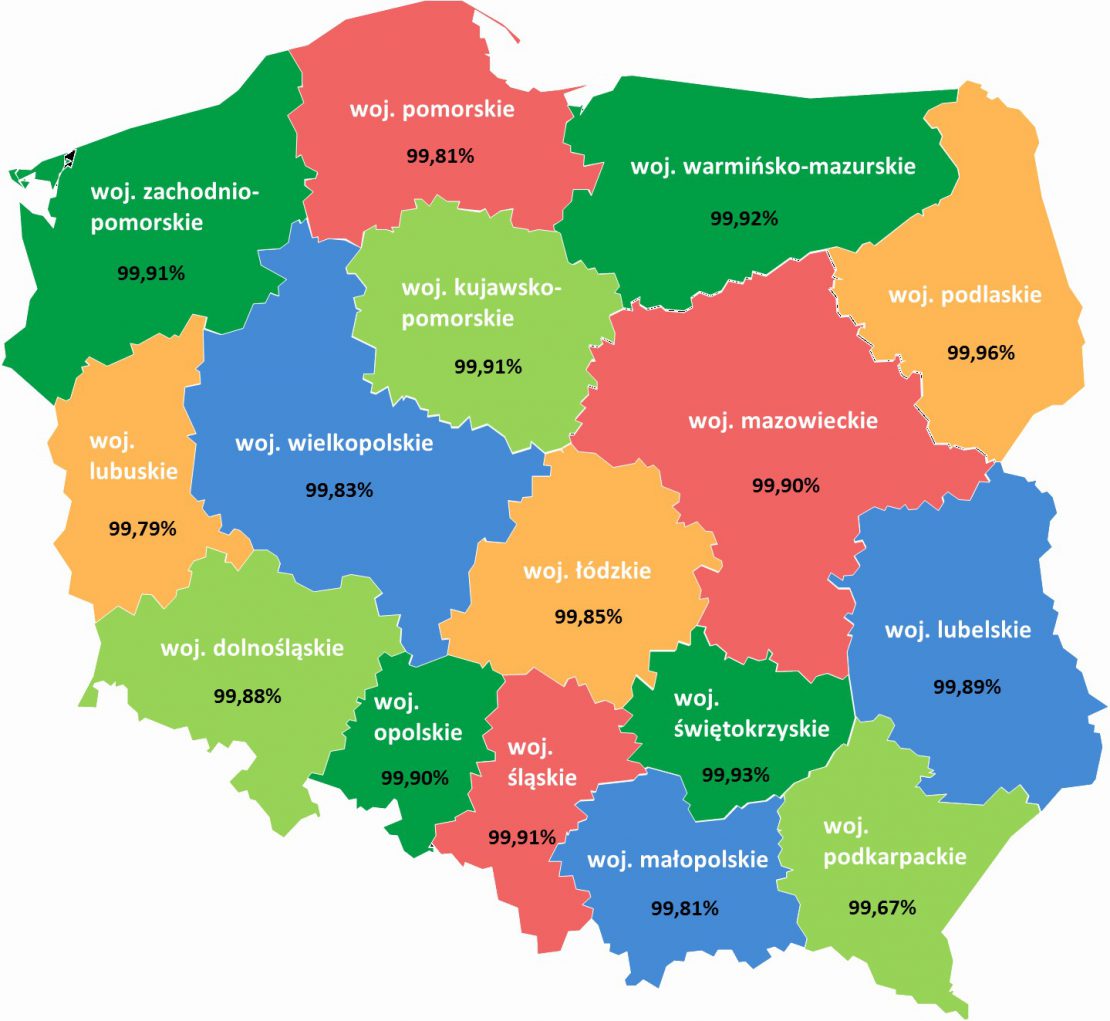 Mapka obrazująca procentowo ile elektronicznych zwolnień lekarskich wystawianych jest w poszczególnych województwach.